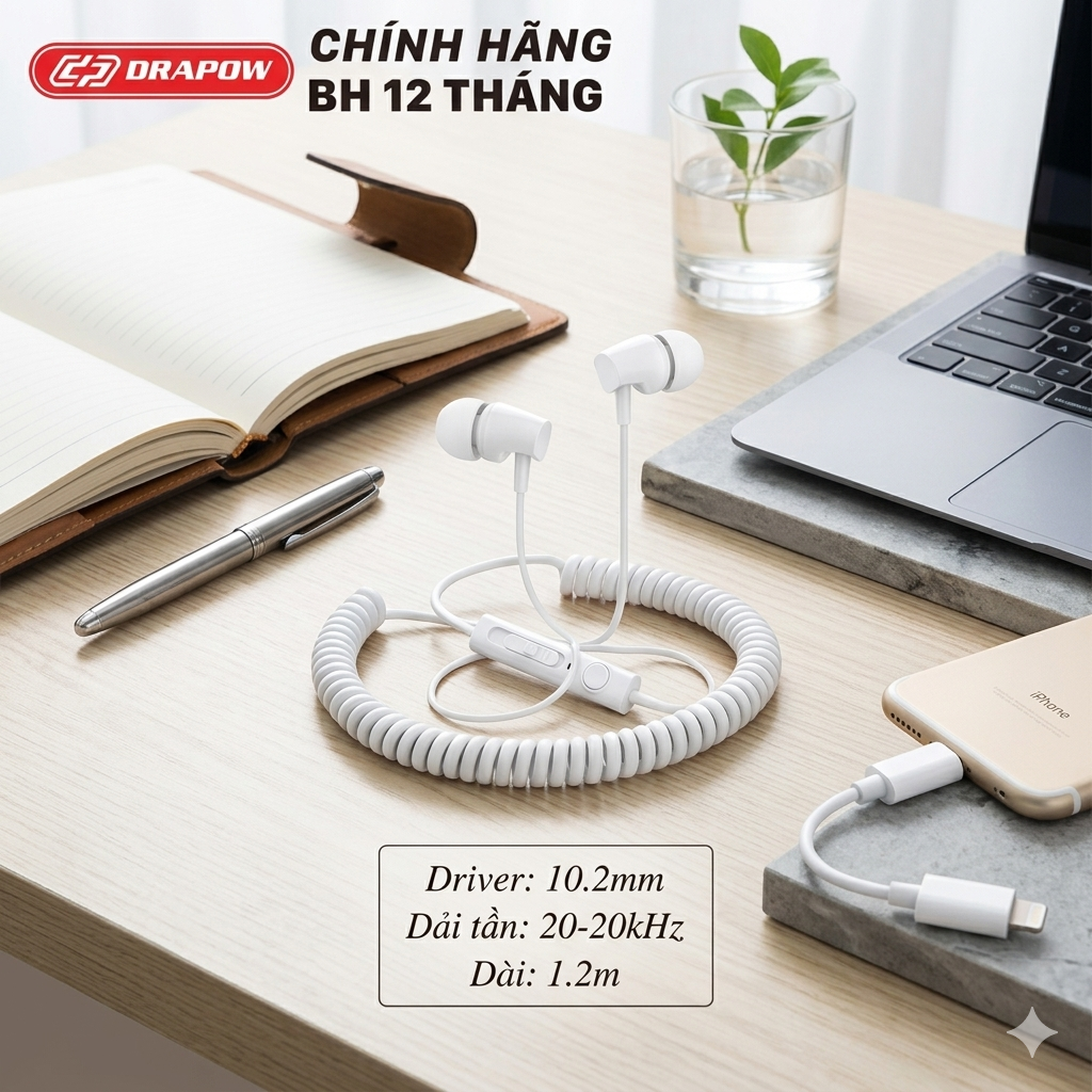 Tai nghe Drapow Twister C10 chính hãng nghe nhạc dây xoắn kéo dài , chân cắm 3.5mm
