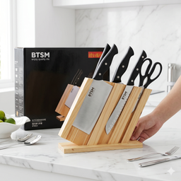 Bộ dao làm bếp 7 món hãng BTSM , có dao chặt , đế cắm dao bằng Gỗ