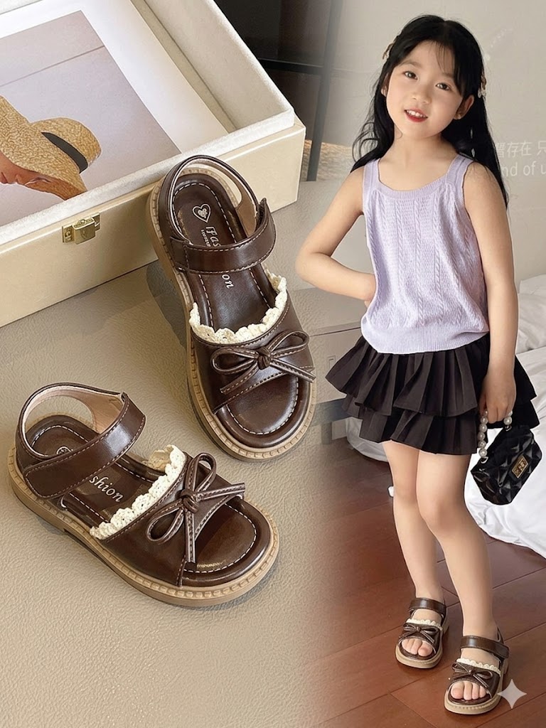 Dép Quai Hậu Bé Gái Phối Nơ Bèo Nhún Vintage - sandal trẻ em quay da , đế cao su êm ái
