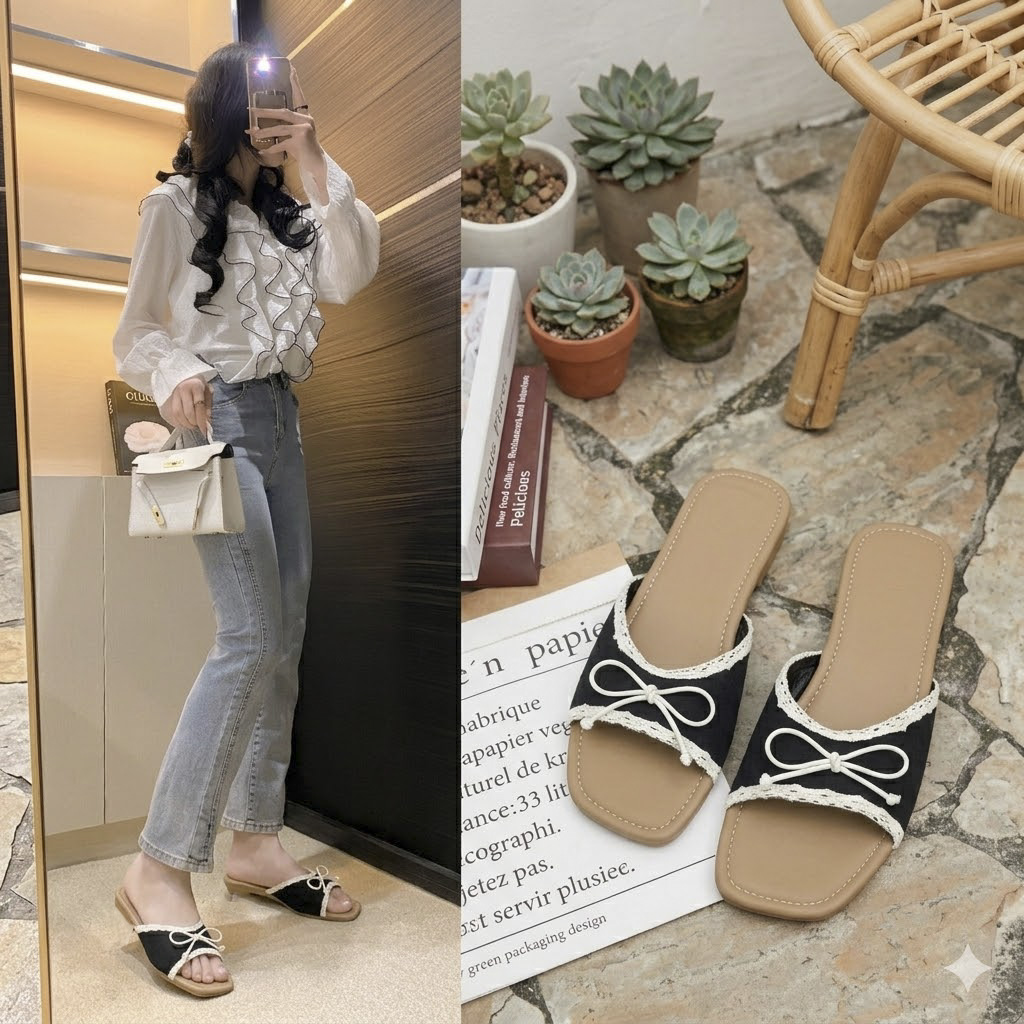 DÉP LÊ NỮ QUAI NGANG VIỀN REN MIX NƠ TIỂU THƯ D2-DL-NR01