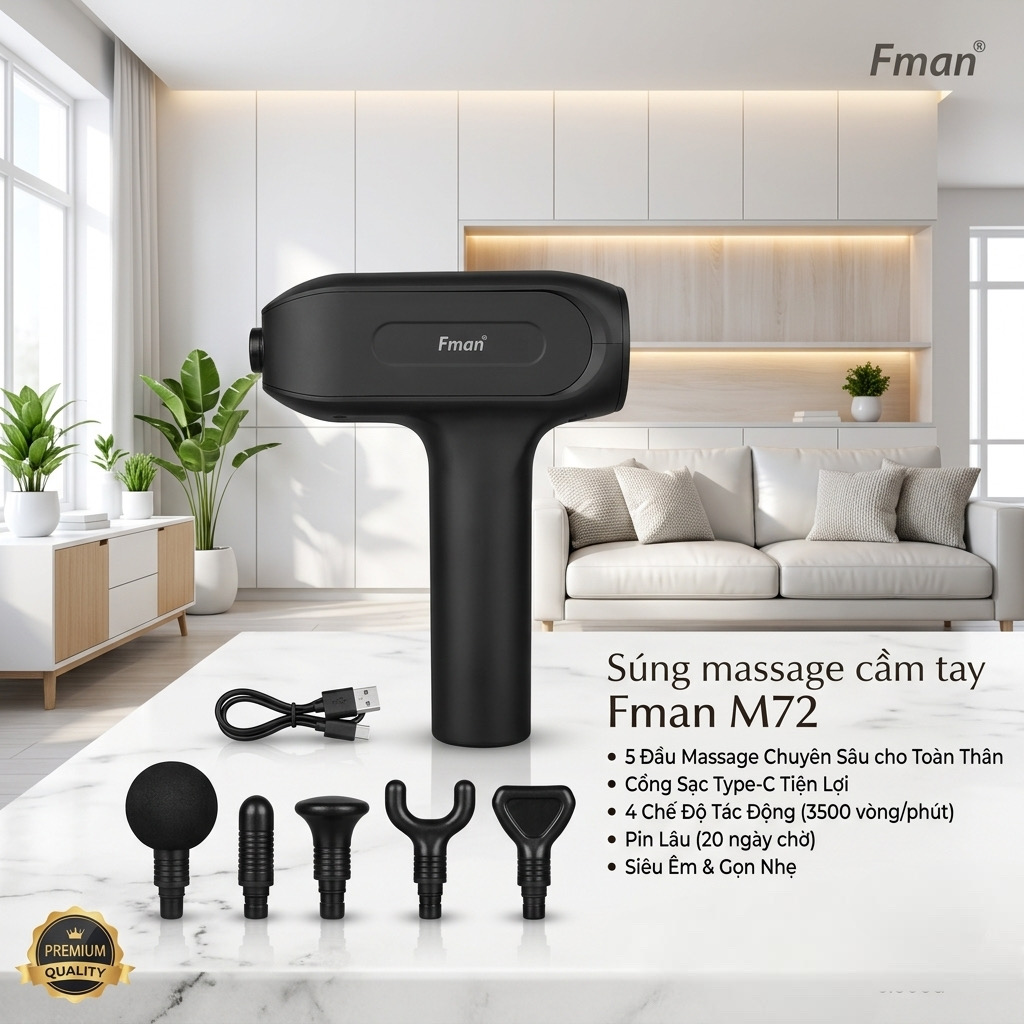 Súng massage cầm tay Fman M72, máy Massage 5 đầu, cổng sạc Type-C, có hộp đựng
