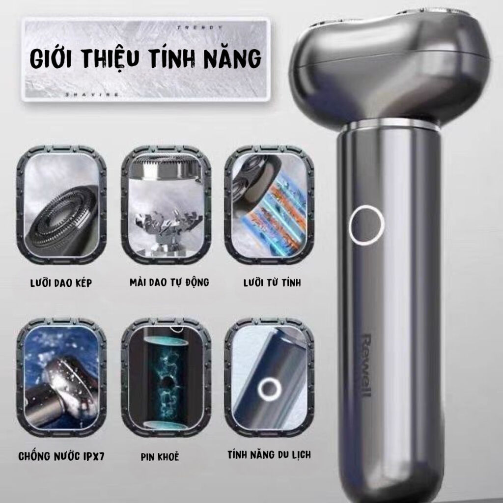 Máy cạo râu Rewell T5, lưỡi kép từ tính, tự mài, chống nước IPX7.