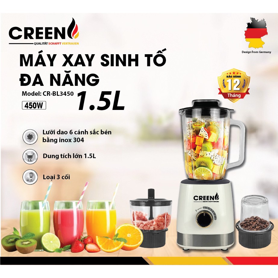 Máy xay sinh tố 3 cối đa năng CREEN BL-3450 công suất 450W
