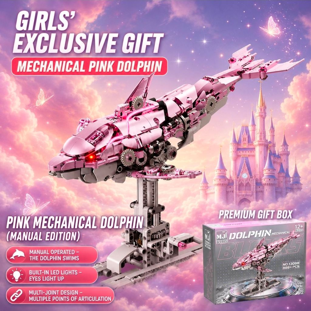 Đồ chơi mô hình lắp ghép cá heo cơ khí, lego cá heo cơ khí. Bản có đèn, không có động cơ (Màu hồng)