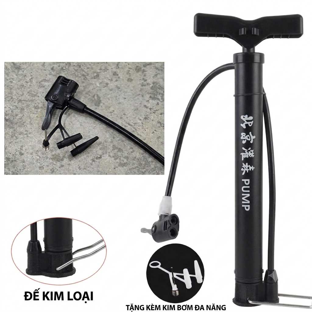 Bơm xe đạp, bơm xe máy mini hàng đẹp (Thân và đế bằng kim loại)