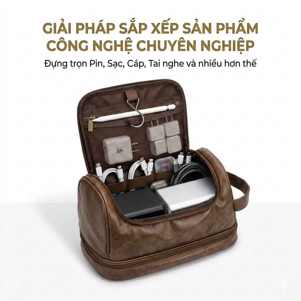Túi da lưu trữ đa năng, đựng đồ công nghệ hoặc Mỹ phẩm - Đen/Nâu bò