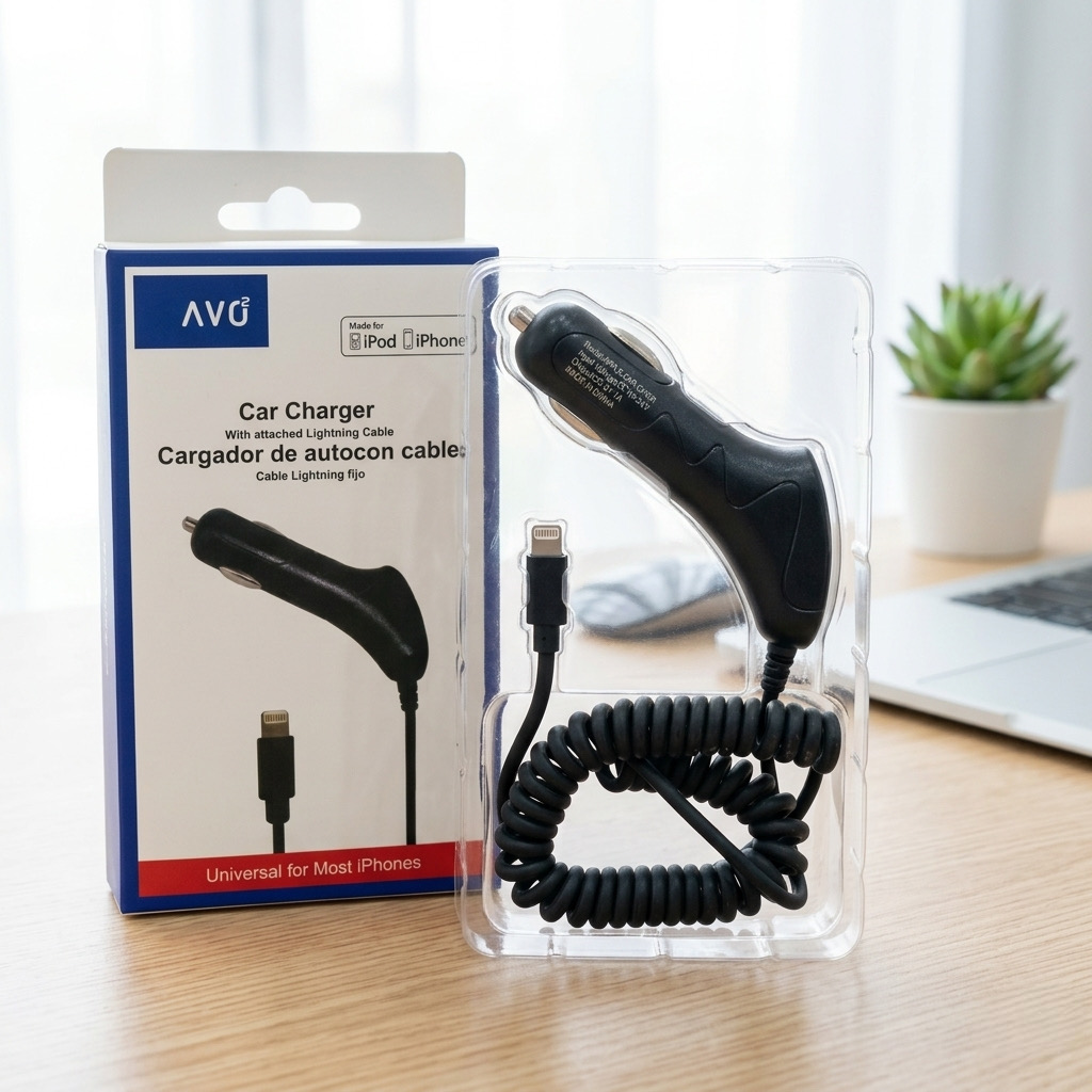 Tẩu sạc ô tô AVO liền cáp Lightning - C48 có MFI, dây lò xò sạc cho iPhone 14 trở xuống