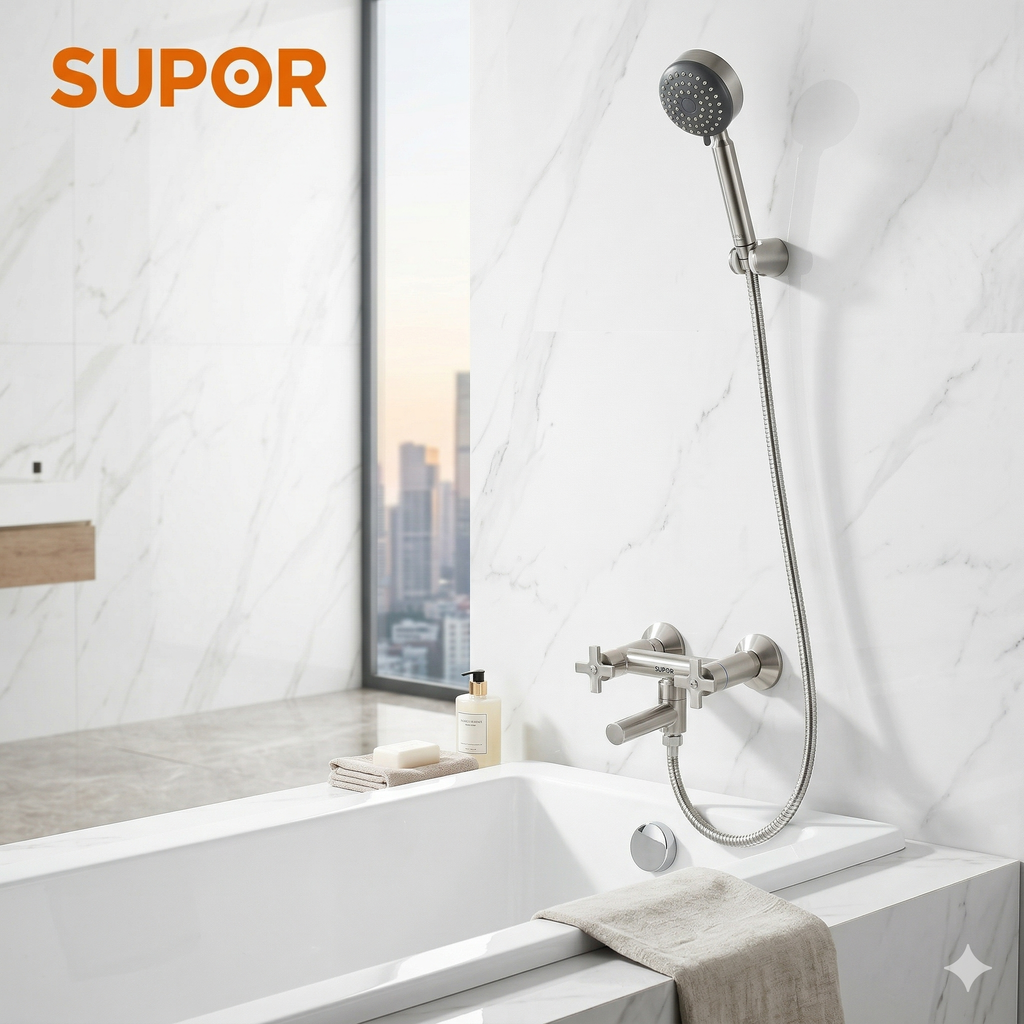 Bộ sen tắm SUPOR 212302-02-LS, có vòi rửa chân, bát sen to, inox 304 xịn