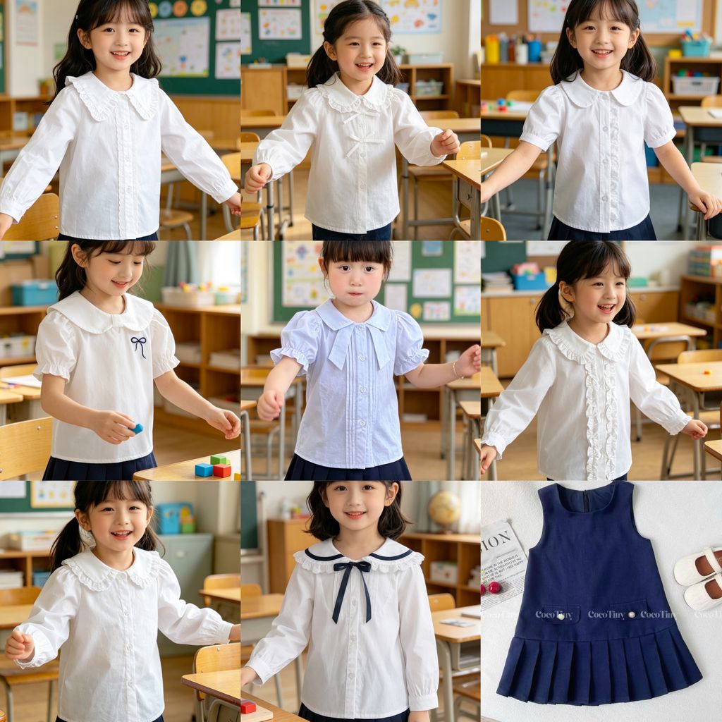 [Kho Mỹ Đình] 2-11/12y(12-45kg) J3011 SD4 Áo sơ mi trắng bèo tay dài và yếm sát nách cho bé gái 