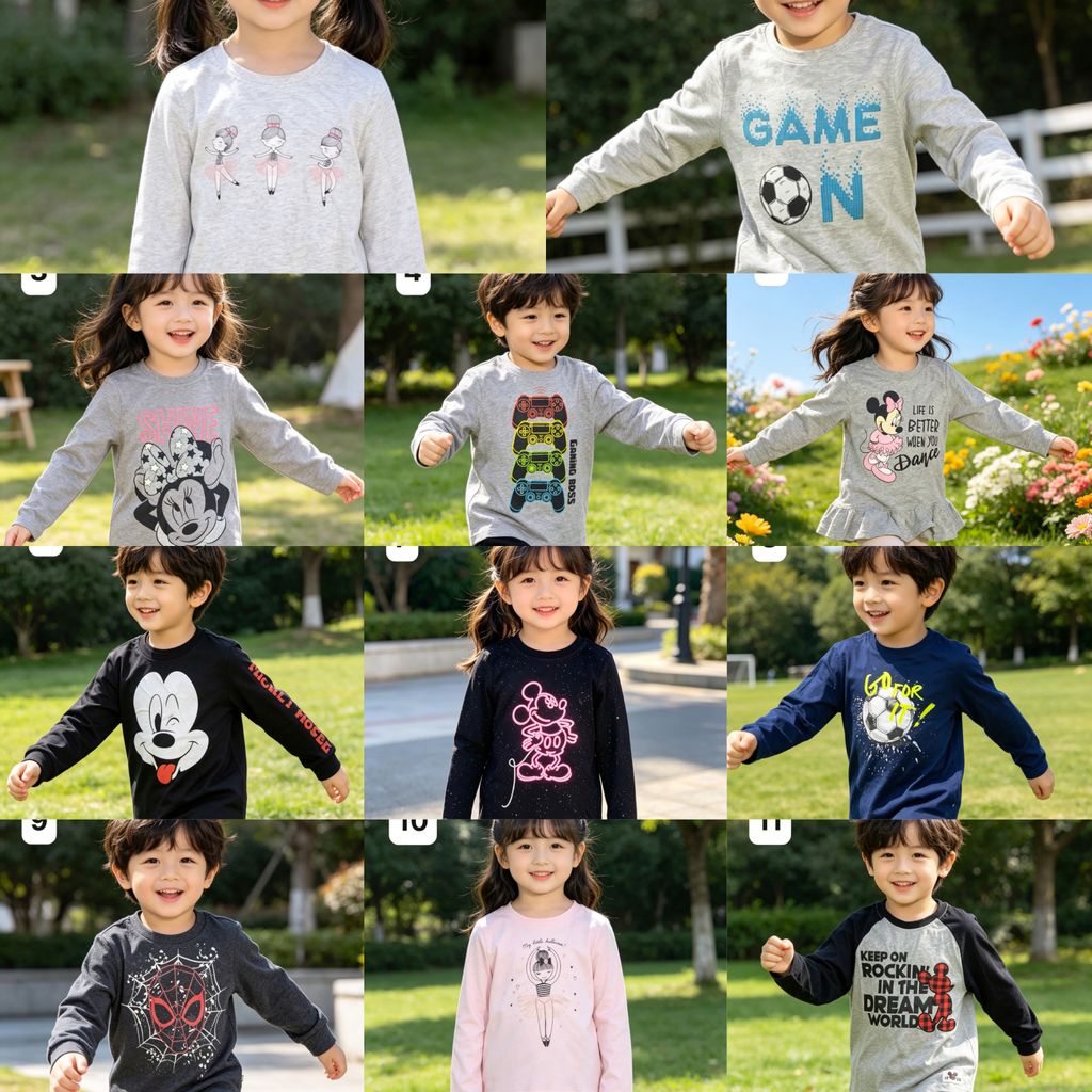 [Kho Mỹ Đình] 2-9/10y(10-40kg) C6351 Áo xuất dư thun dài tay bé trai, bé gái 