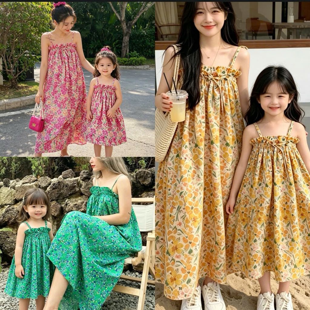 [Kho Mỹ Đình] 8-65kg F0859 Váy đôi cho mẹ và bé mặc đi biển hoạ tiết hoa nhí siêu xinh