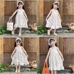 [Kho Mỹ Đình] 1-6y(9-26kg) OP Váy bé gái 2 dây kèm khăn mặc hè hoạ tiết dễ thương vải đũi hàn mềm 