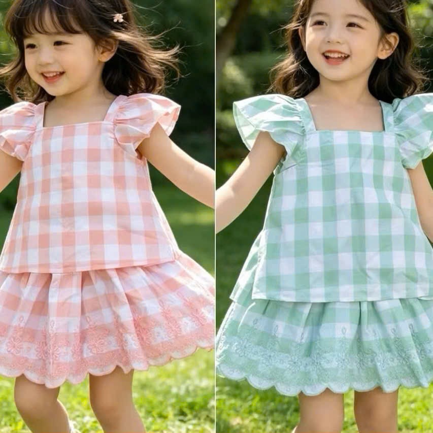 [Kho Mỹ Đình] 3-8y(15-30kg) A1004 Set váy bé gái caro 2 màu hàng xuất dư from xinh