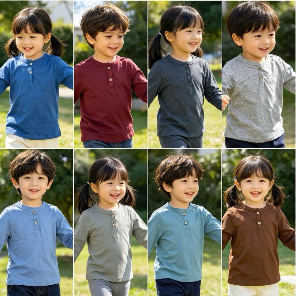 [Kho Mỹ Đình] 18m-6t(12-23kg) C3315 Áo thun cotton trơn phối khuy dài tay xuất dư cho bé trai bé gái