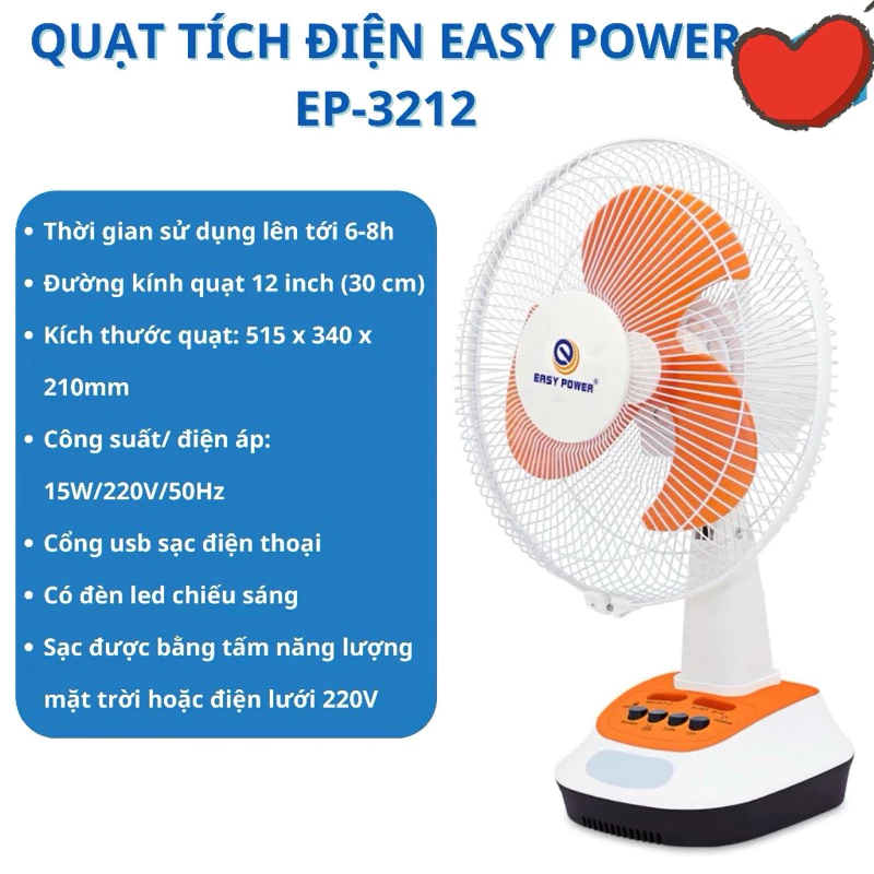 Quạt Easy Power Quạt bàn tích điện hãng EASY POWER EP-3212A , chạy nguồn 220v 12 inch