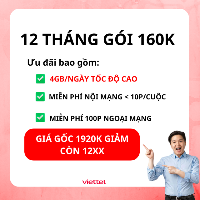 12 tháng gói 160k trả trước của Viettel