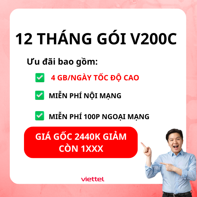 VIETTEL 12V200C 4GB/NGÀY + FREE GỌI