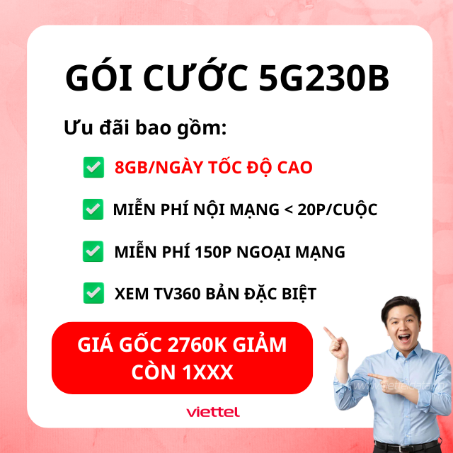1 NĂM GÓI 5G230B VIETTEL 8GB/NGÀY + FREE GỌI