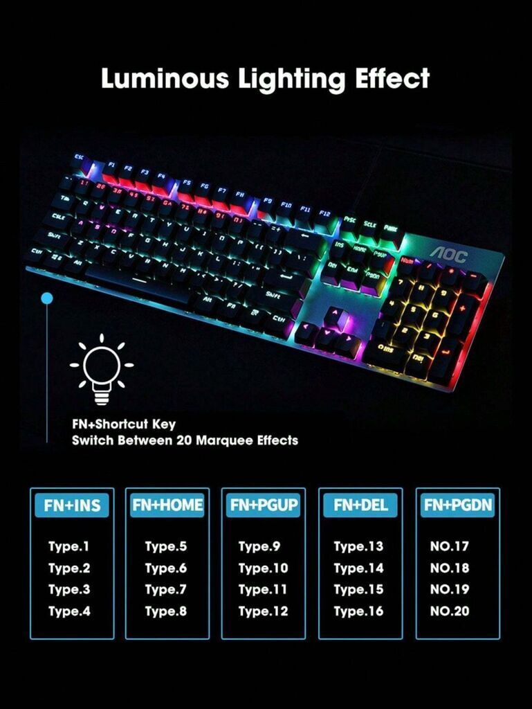 Bàn phím cơ AOC GK410 | 104 phím đèn RGB loại Blue Switch mặt đen cá tính dễ vệ sinh - Ảnh 5
