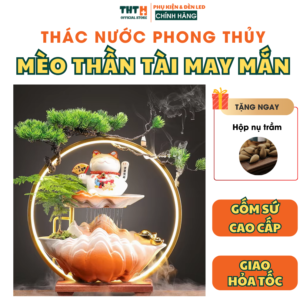 Thác Nước Mèo Thần Tài May Mắn Phong Thủy Decore Đèn Led Để Bàn, Quà Tân Gia, Khai Trương, Quà Tặng 