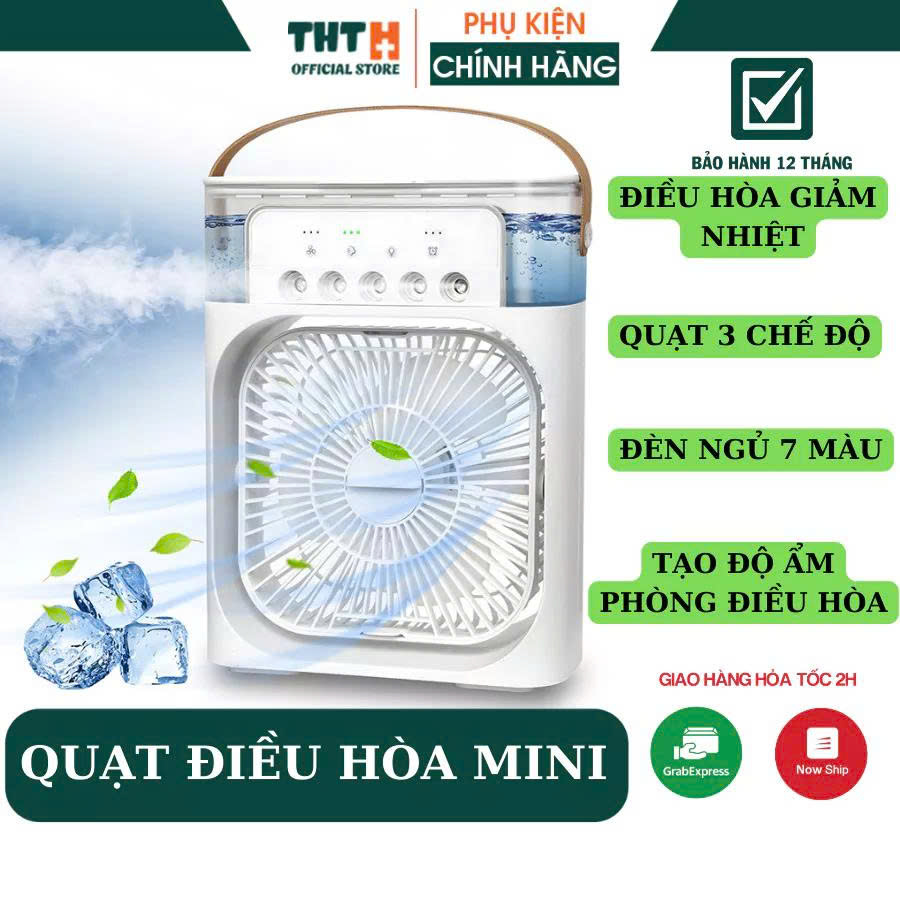 Quạt Hơi Nước Để Bàn, Hẹn Giờ Thông Minh, Quạt Điều Hòa Mini Có Khay Chứa Đá, Hẹn giờ, Đèn Led 7 Màu