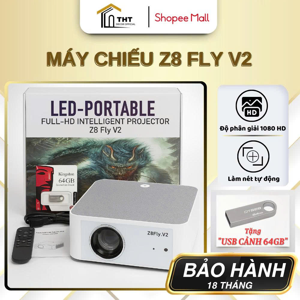 Máy Chiếu Z8 Fly V2 Thông Minh Full HD 1080P Hỗ Trợ 4K Tự Lấy Nét Xem Youtube Netflix Bay Phòng