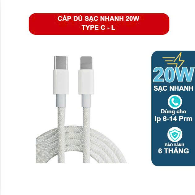 Cáp sạc nhanh C- L PD 20W cho máy 8-14prm cáp bọc dù chống đứt gãy bảo hành 6 tháng 