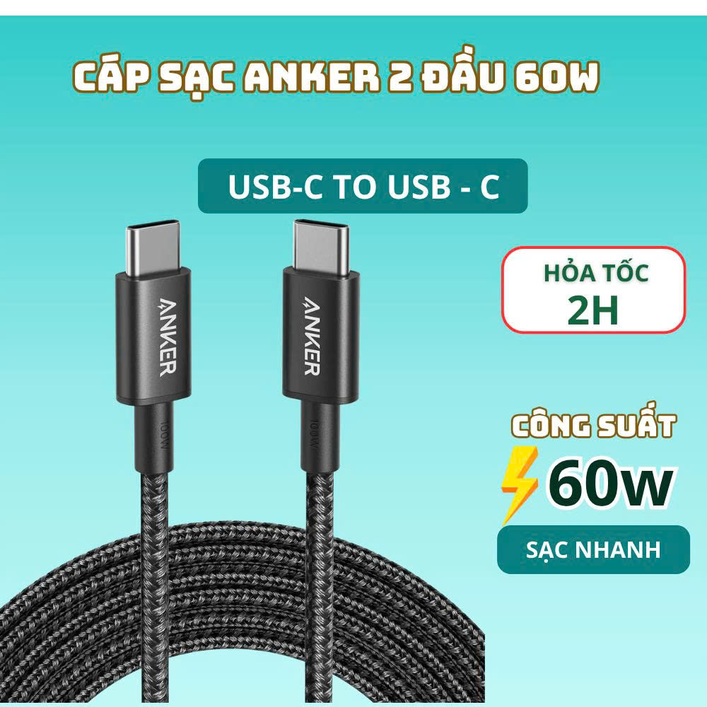 Cáp sạc Type c to typec c 60W dây sạc nhanh Anker cho iP 15 trở lên,androi chân TyC dài 1m8 [ko hôp]