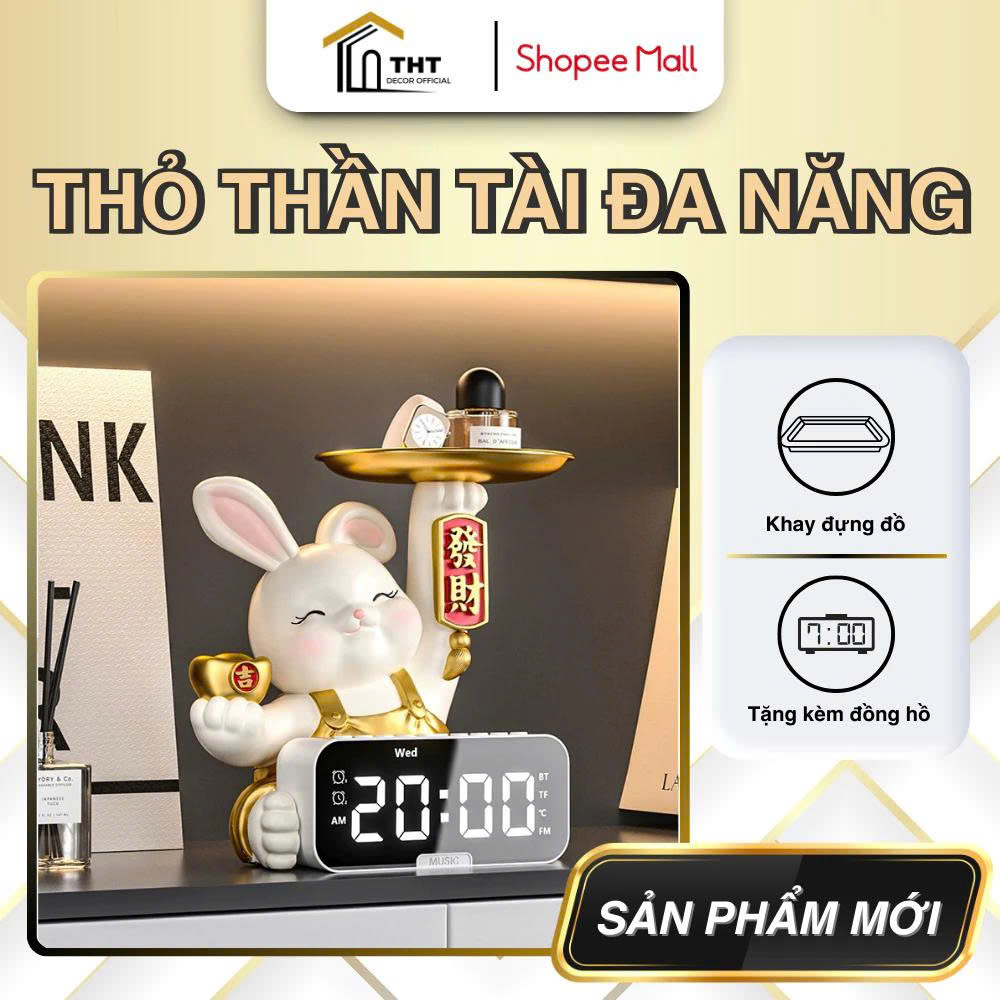 Tượng Thỏ Thần Tài THT DECOR Tượng Thỏ Decor Phát Tài Kèm Đồng Hồ Điện Tử LED Hiện Đại Trang Trí Nhà