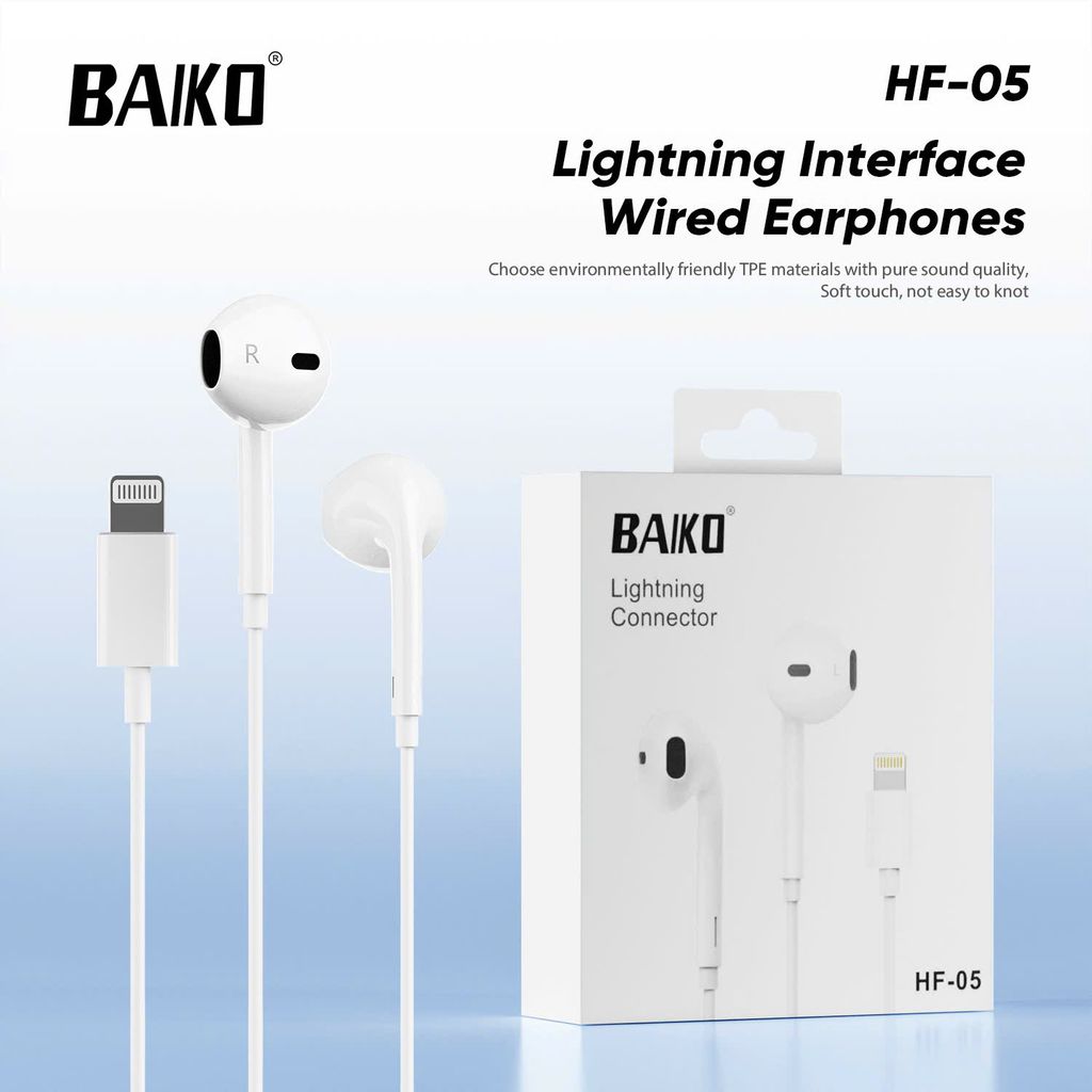 Tai nghe dây chính hãng Baiko HF05 Chân cắm lightning Đầy đủ míc đàm thoại, nghe nhạc , chơi game