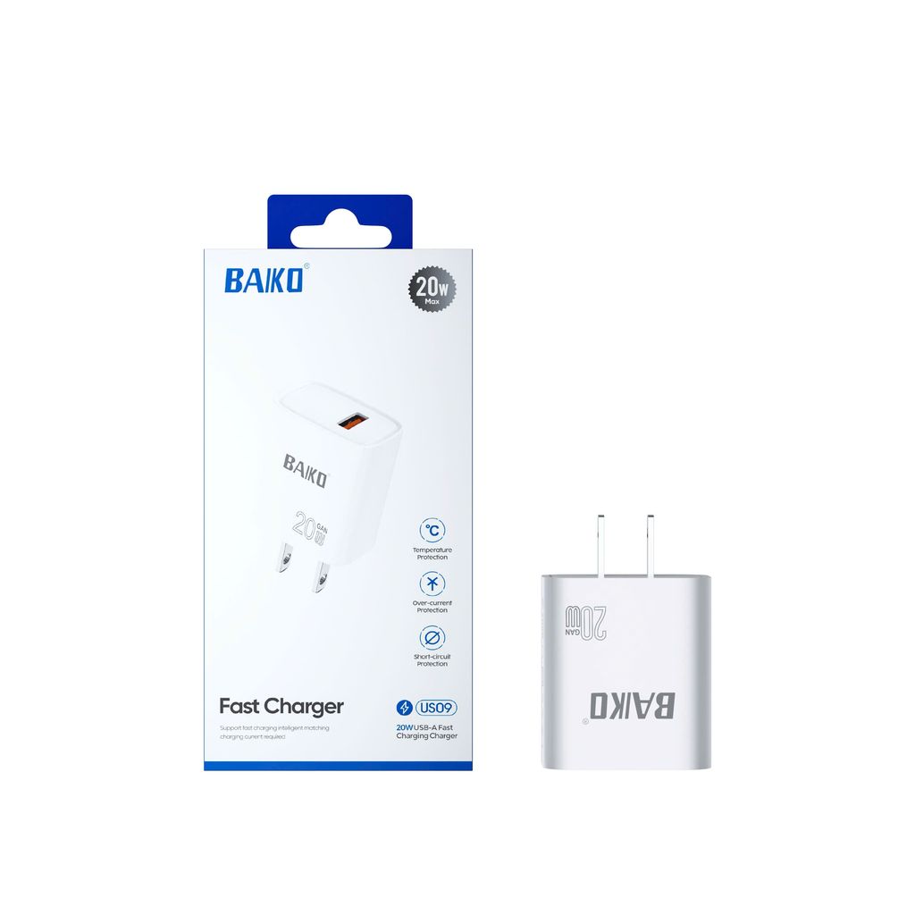 Combo sạc nhanh chính hãng Baiko US09 20W QC 3.0 Chất liệu nhựa ABS cao cấp,chống cháy nổ,an toàn