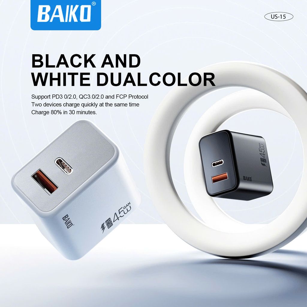 Củ sạc chính hãng Baiko US15 2 cổng sạc siêu nhanh usb + tyC Sạc nhanh tối đa 45W