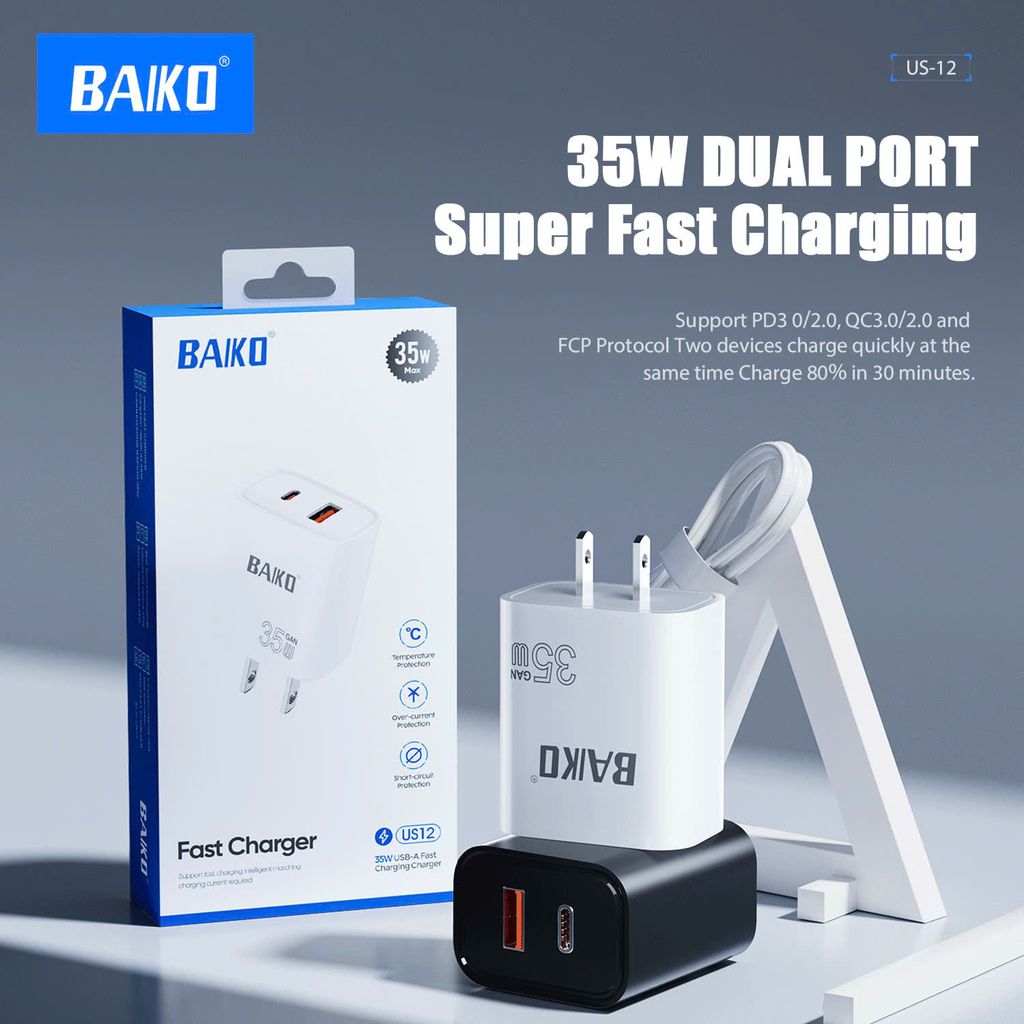 Củ sạc chính hãng Baiko US12 2 cổng sạc siêu nhanh usb + tyC Sạc nhanh công nghệ gan 35W