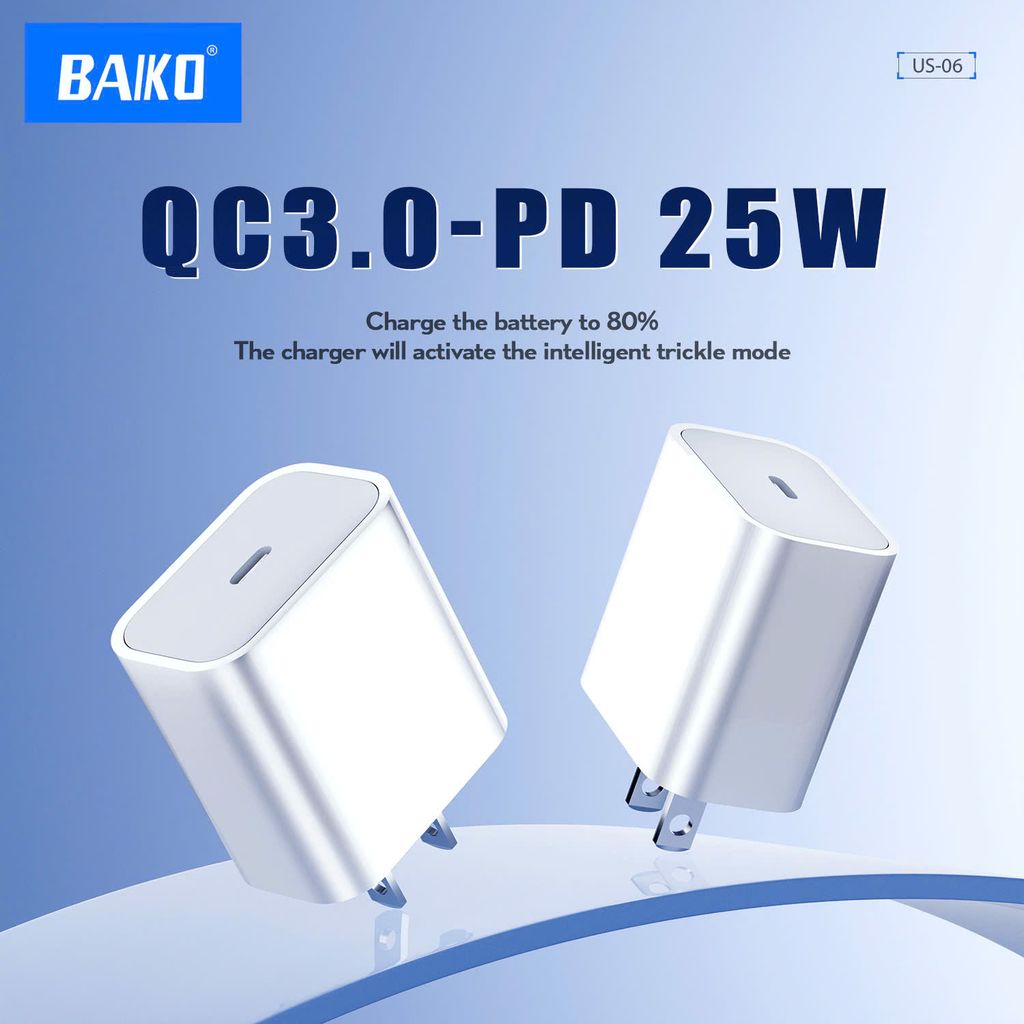 Củ sạc chính hãng Baiko US06 Cổng sạc tyC , chân dẹt Công nghệ sạc PD25W