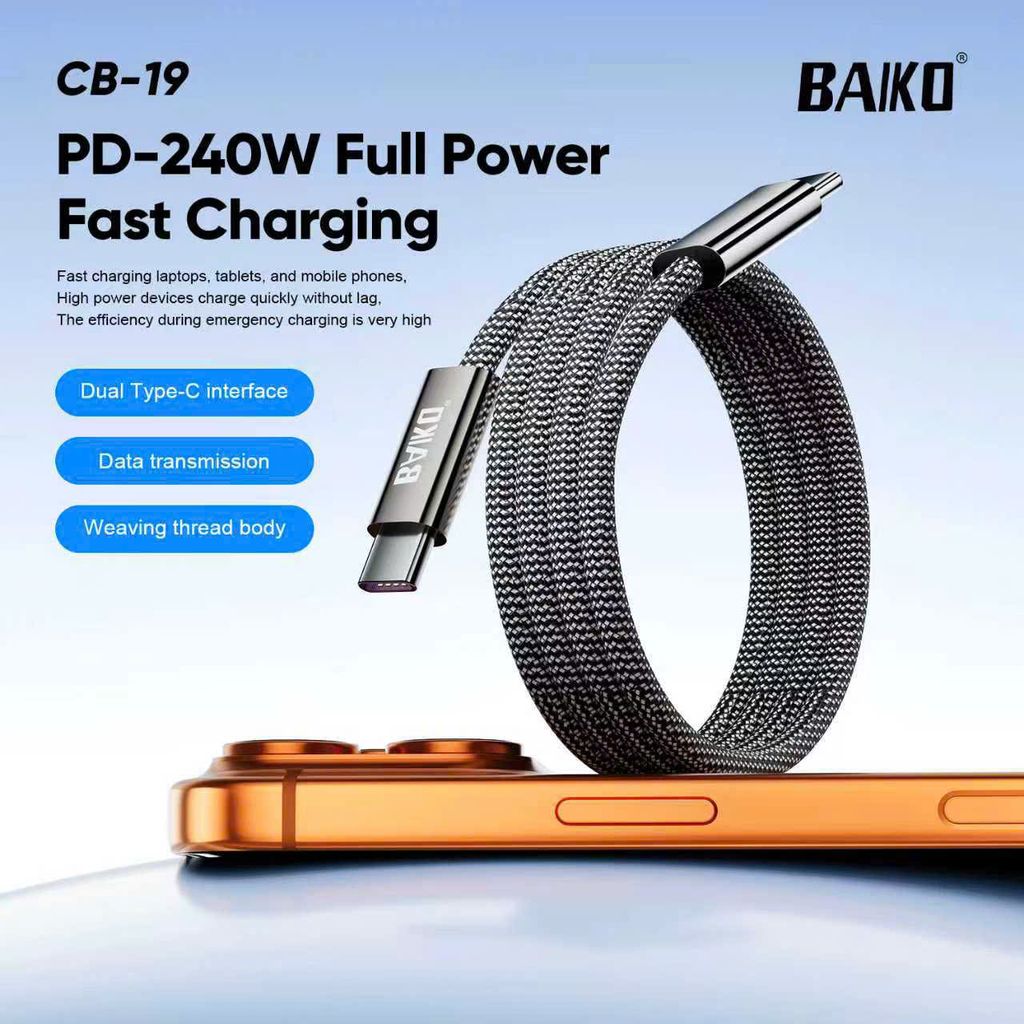 [ FULL VAT ]Cáp sạc chính hãng Baiko CB19 Cáp bọc dù ,C to C Hỗ trợ sạc nhanh lên đến 240w