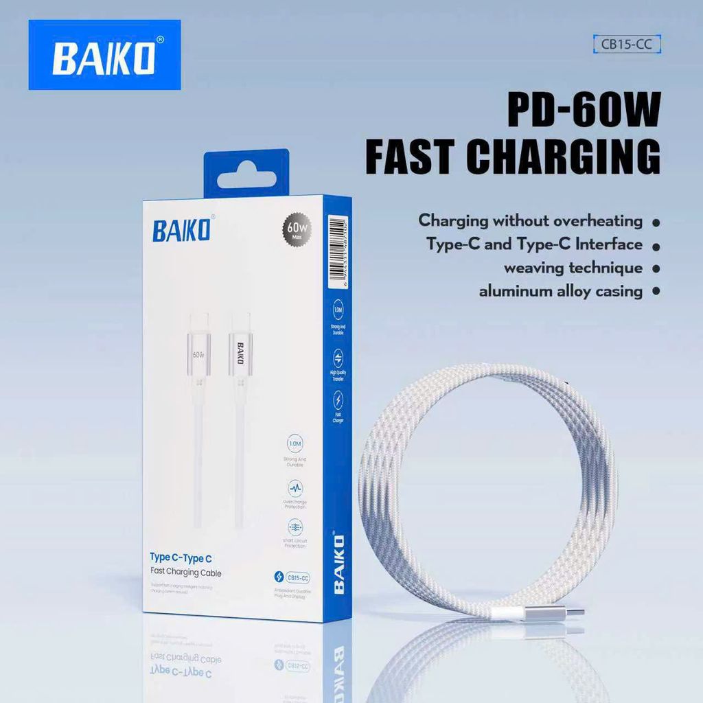 [ FULL VAT]Cáp sạc chính hãng Baiko CB15 Cáp bọc dù + đúc đầu đặc 2 lớp Hỗ trợ sạc nhanh tối đa 60W 
