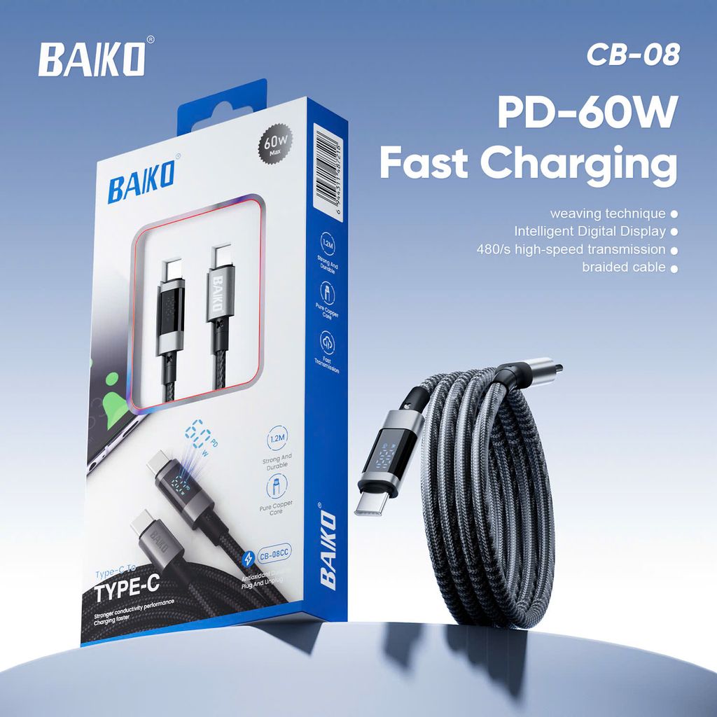 [FULL VAT] Cáp sạc chính hãng Baiko CB08, Cáp bọc dù , chíp hiển thị số công suất sạc