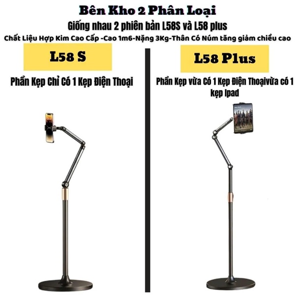 Giá Đỡ Điện Thoại Livestream L58S Xoay 360 Độ – Chữ Z Chắc Chắn, Chiều Cao 1m6, Hợp Kim Nhôm Màu Đen - Ảnh 2