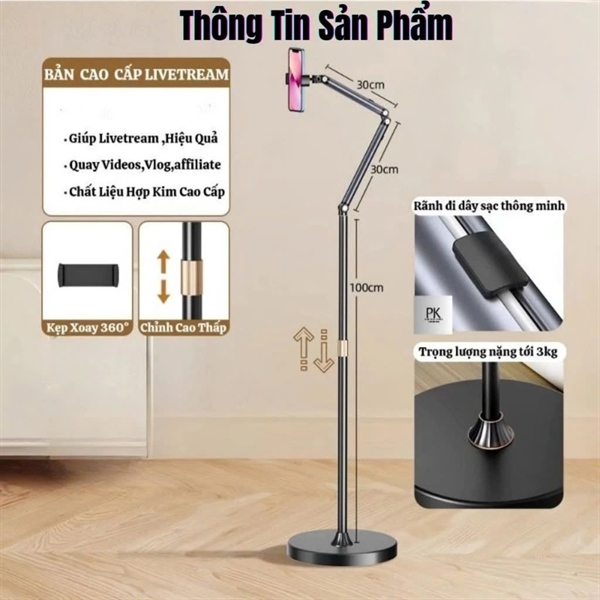 Giá Đỡ Điện Thoại Livestream L58S Xoay 360 Độ – Chữ Z Chắc Chắn, Chiều Cao 1m6, Hợp Kim Nhôm Màu Đen - Ảnh 3