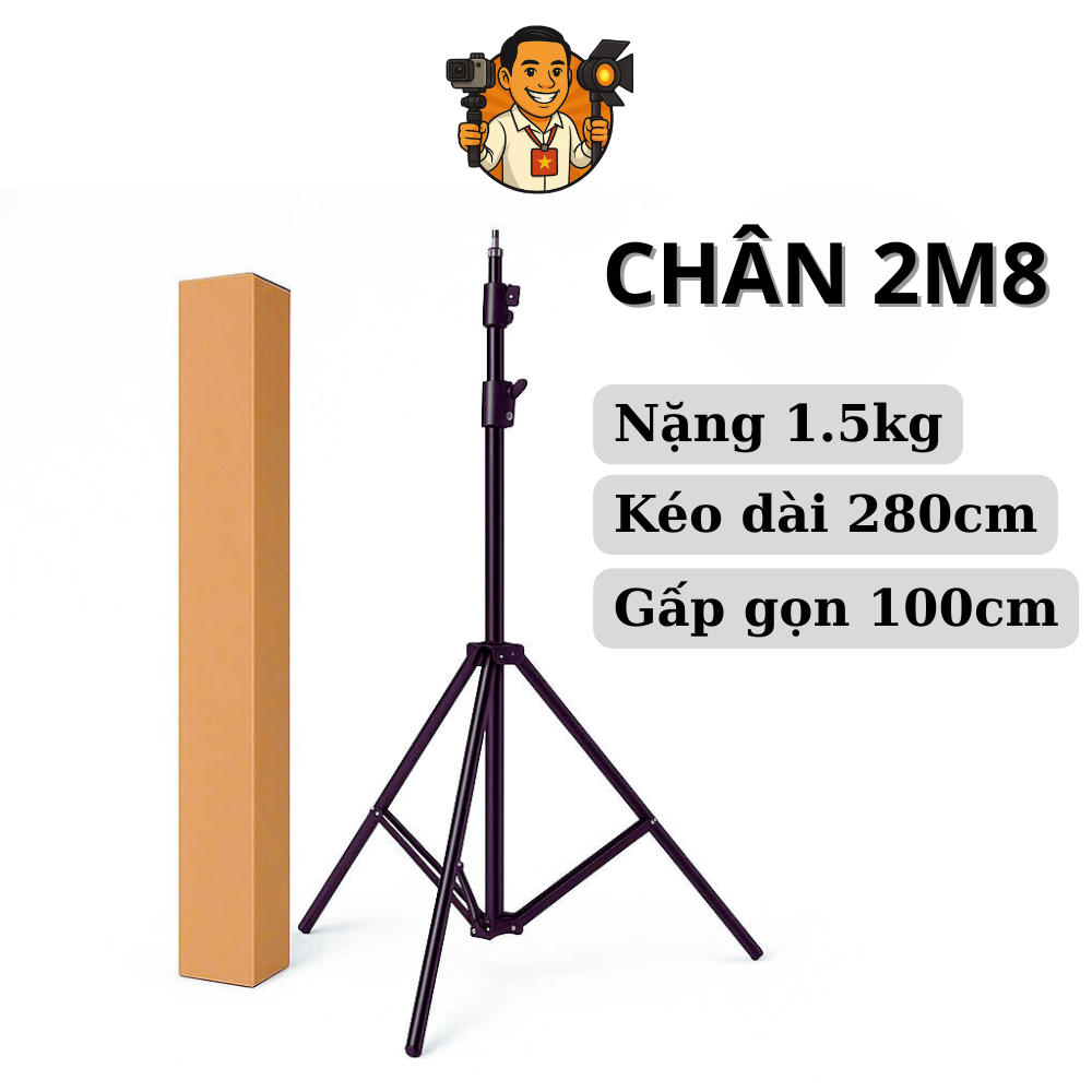 Chân Đèn Chân Máy Ảnh Loại Xịn Chăc Chắn Cao 2m8 tải lớn full box - 1.5Kg