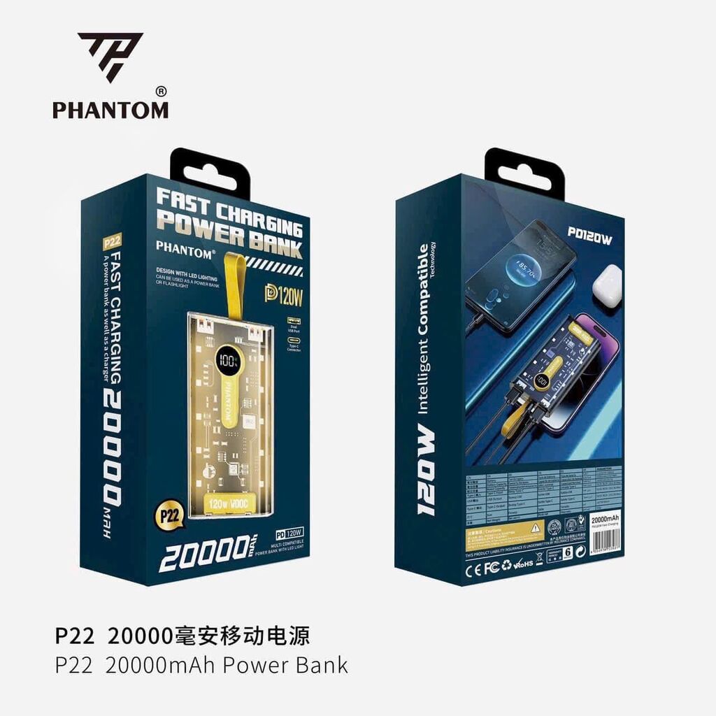 pin dự phòng PHANTOM p22 20,000mah trong suốt Sạc nhanh