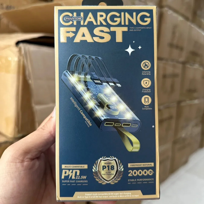 Pin Dự phòng PHANTOM p18 20,000mah Sạc nhanh kèm dây trong suốt