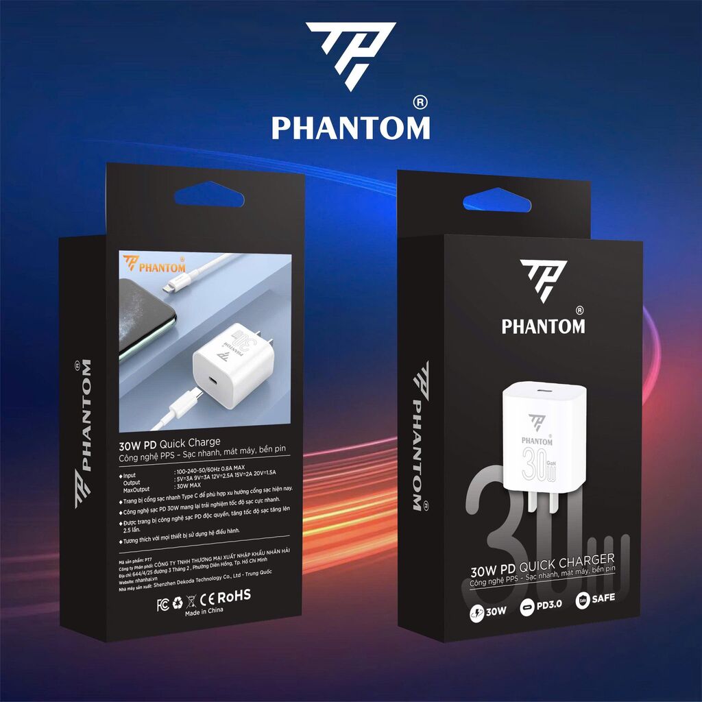 CỦ SẠC PHANTOM 20W + 30W GAN FREE VAT
