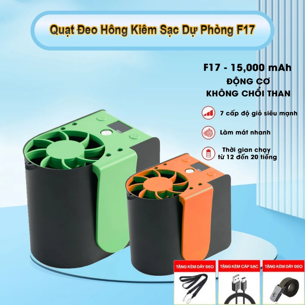 Quạt đeo thắt lưng kết hợp pin sạc dự phòng F17, pin 15.000 mAh hỗ trợ sạc nhanh 2 chiều