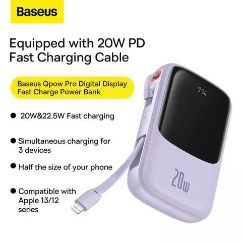 Pin dự phòng 20.000mAh Baseus Qpow Pro sạc nhanh 20W - liền cáp Lightning iPhone