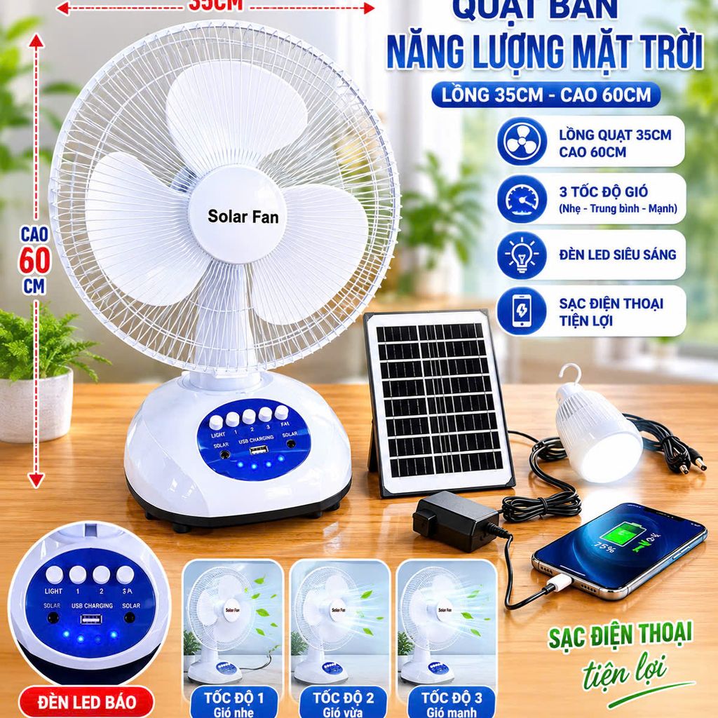Quạt bàn NLMT solar Fan 3 tốc độ T9-908