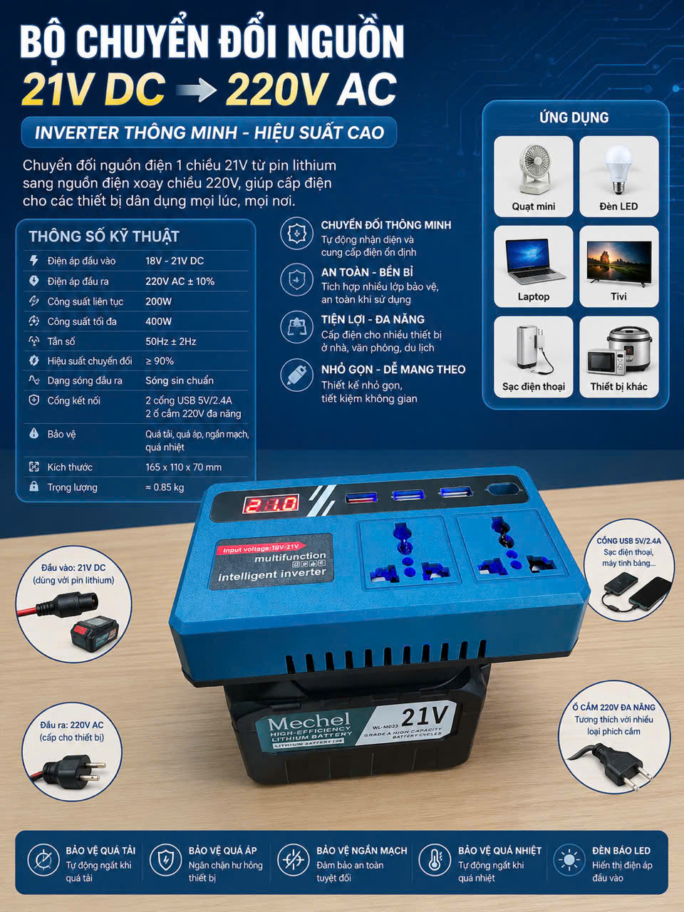 Bộ chuyển nguồn 21v DC sang 220V AC ( Chưa Pin )