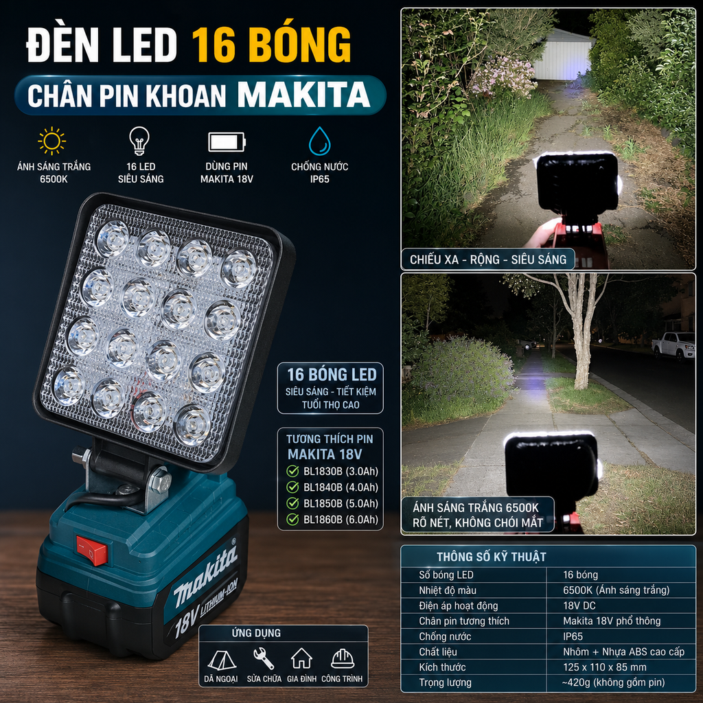Đèn led 16 bóng sử dụng chân pin khoan MiKita