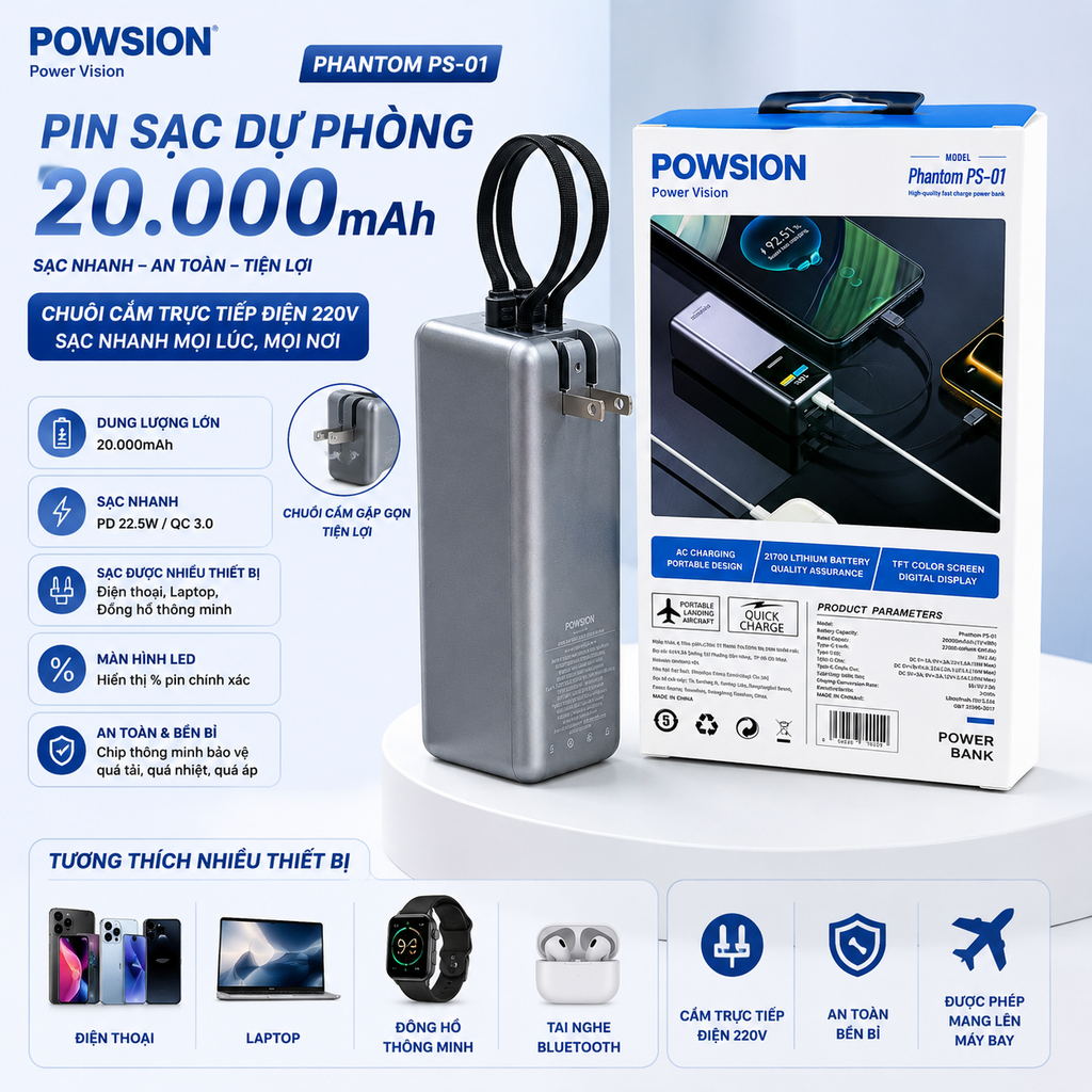 Pin sạc dự phòng -sạc được cho laptop powsion ps-01