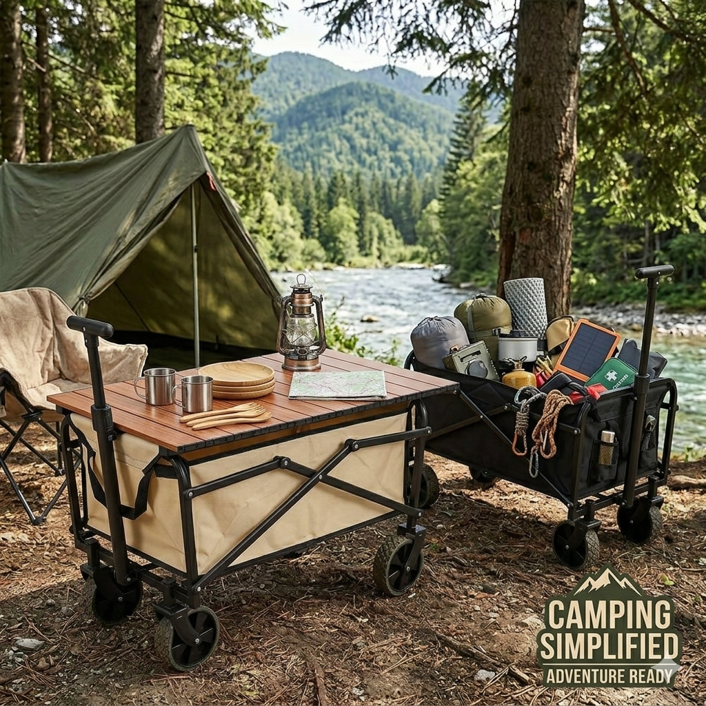 Xe kéo dã ngoại đa năng – kèm bàn xếp tiện dụng, dùng để kéo đồ, camping, du lịch.